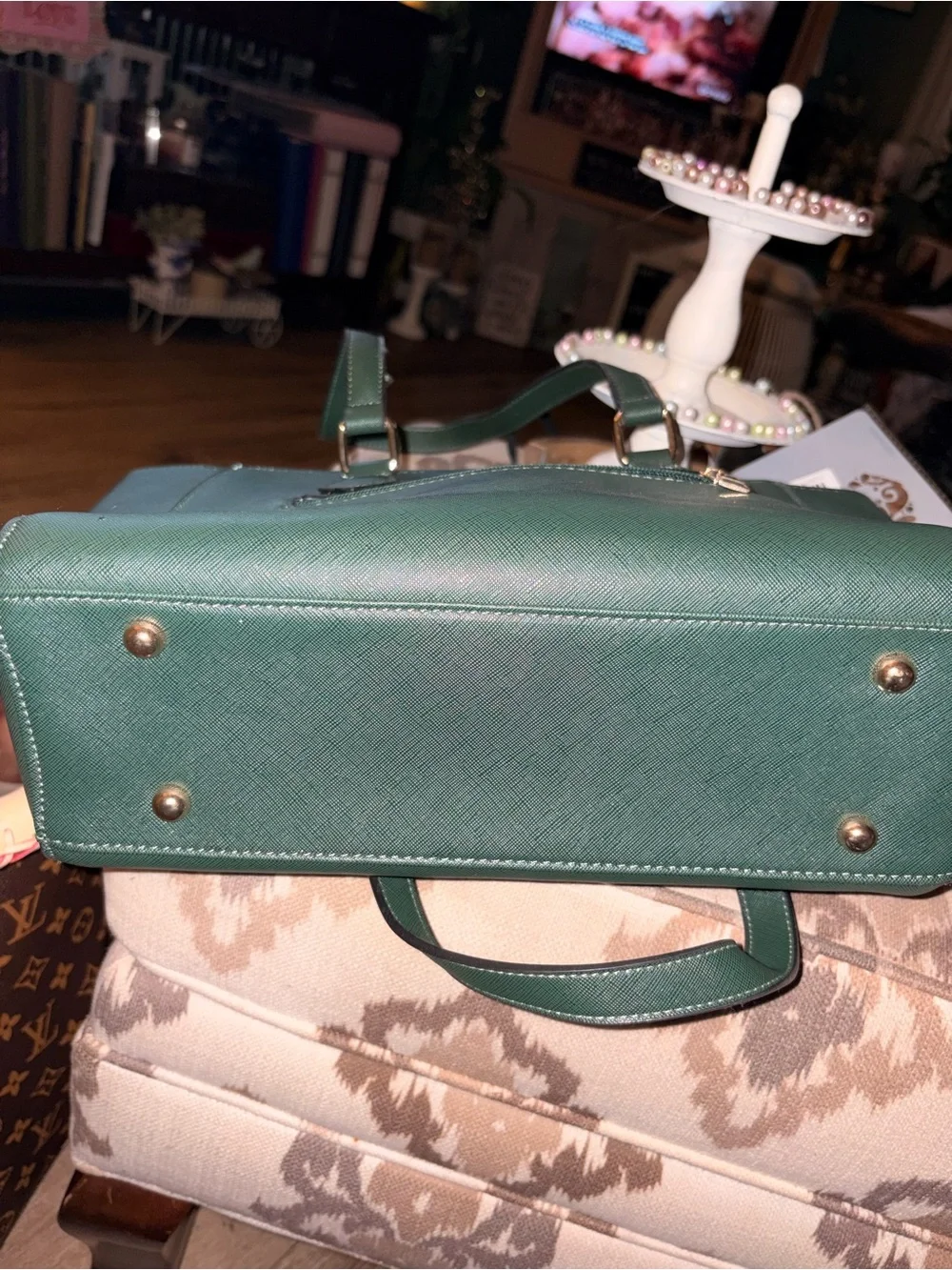 Tory Burch Emerald Green Saffiano Leather Satchel with Logo Charm